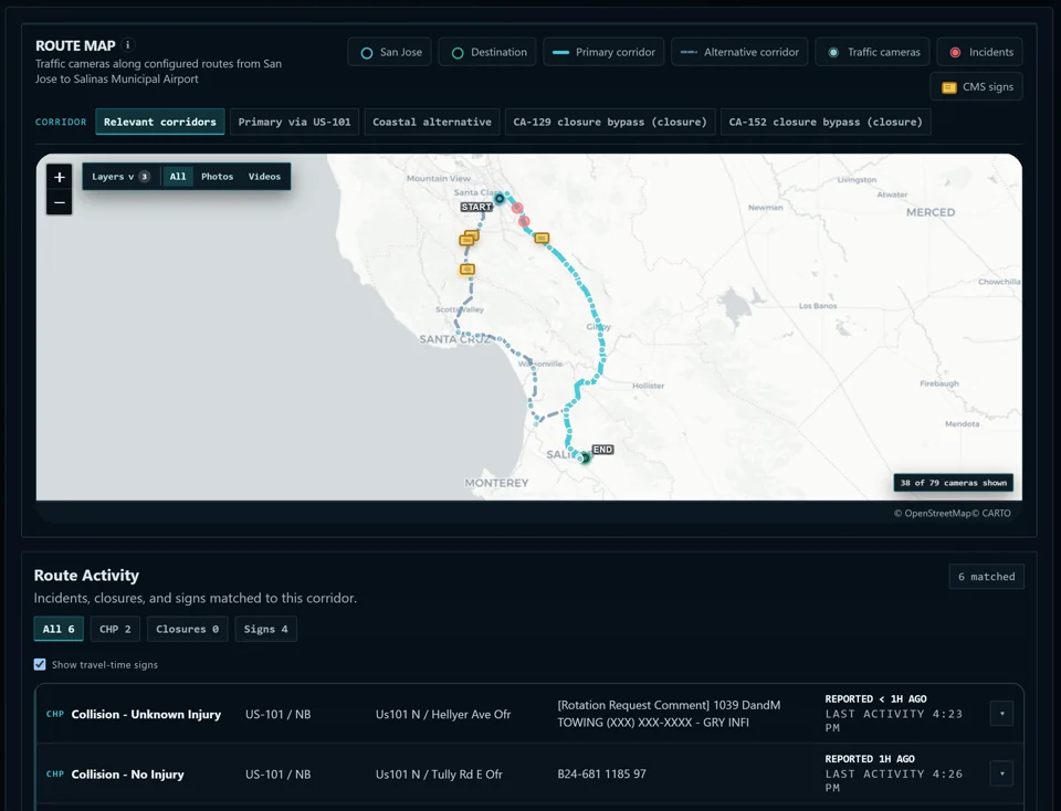 Route map from San Jose to Salinas with primary and alternate corridors, cameras, incidents, and signs