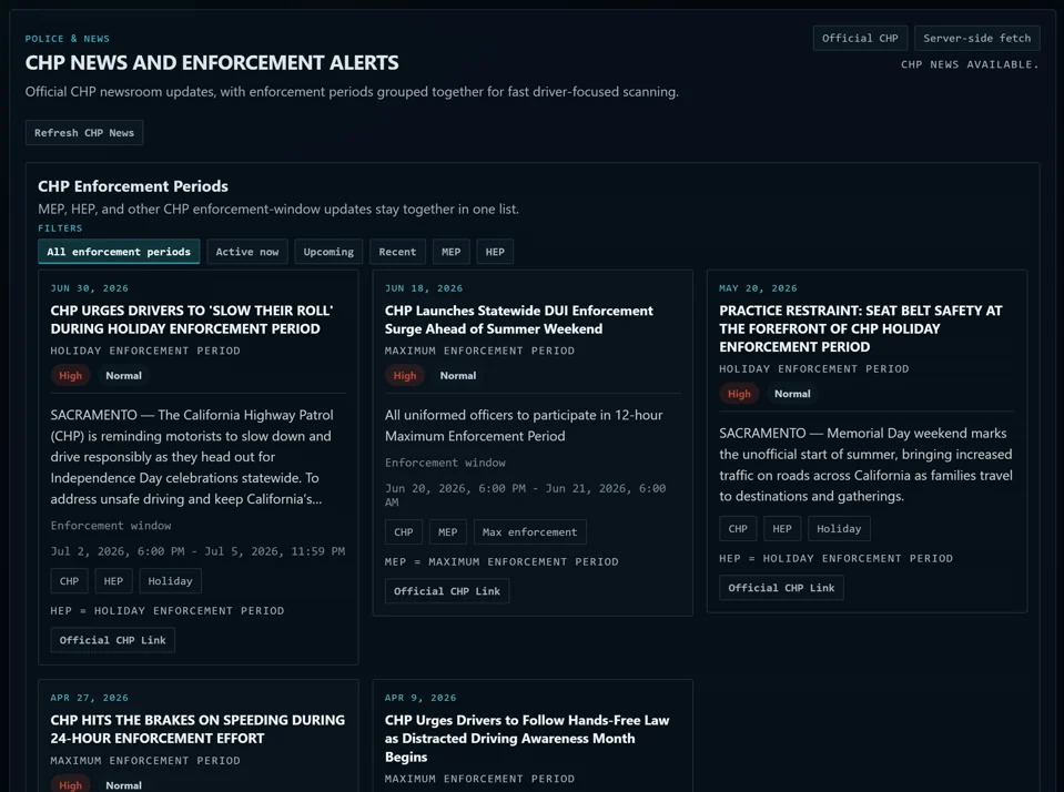 CHP news and enforcement alert cards with status filters and enforcement periods