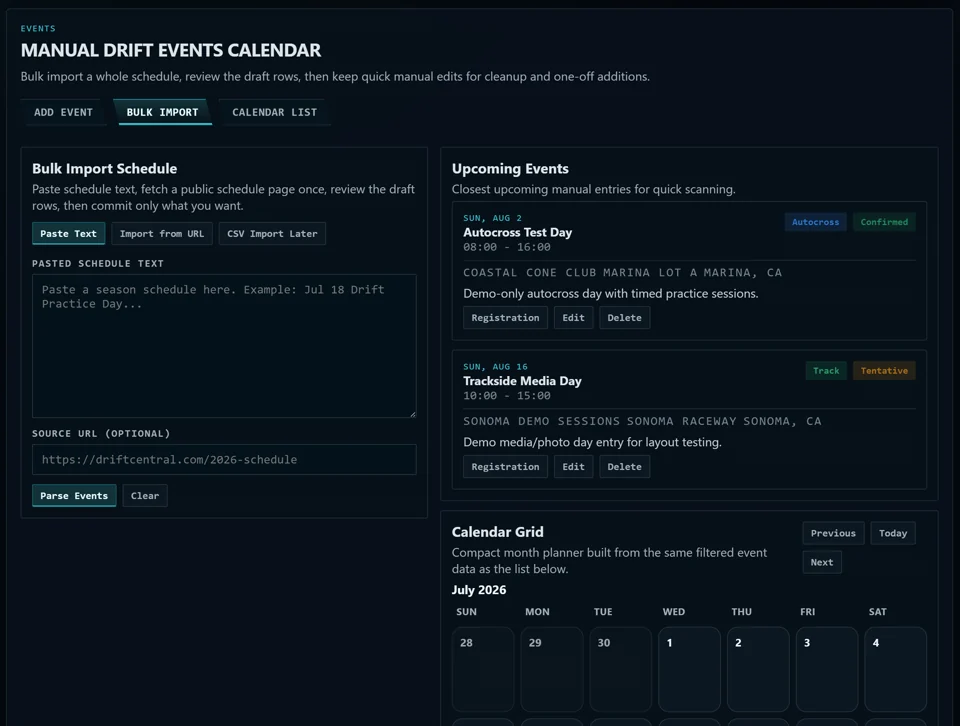 Manual motorsport event calendar with bulk import, upcoming events, and calendar grid