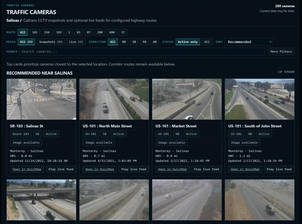 Filterable grid of Caltrans traffic camera feeds near Salinas