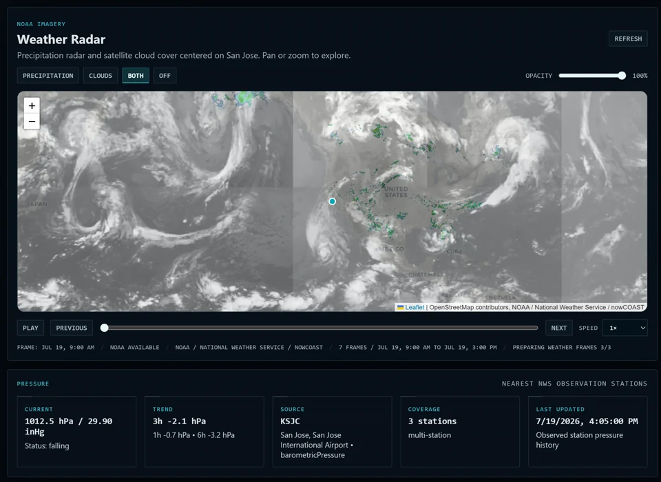 NOAA weather radar with precipitation and cloud layers centered on San Jose