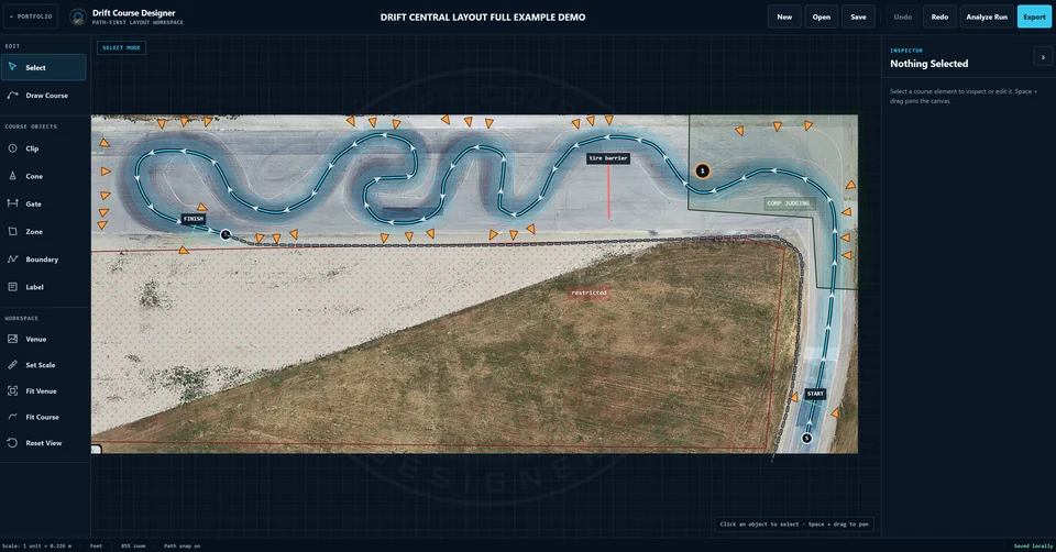 Drift Course Designer showing a complete event layout with a driving line, clipping points, judging zones, boundaries, setup, finish, and shutdown areas