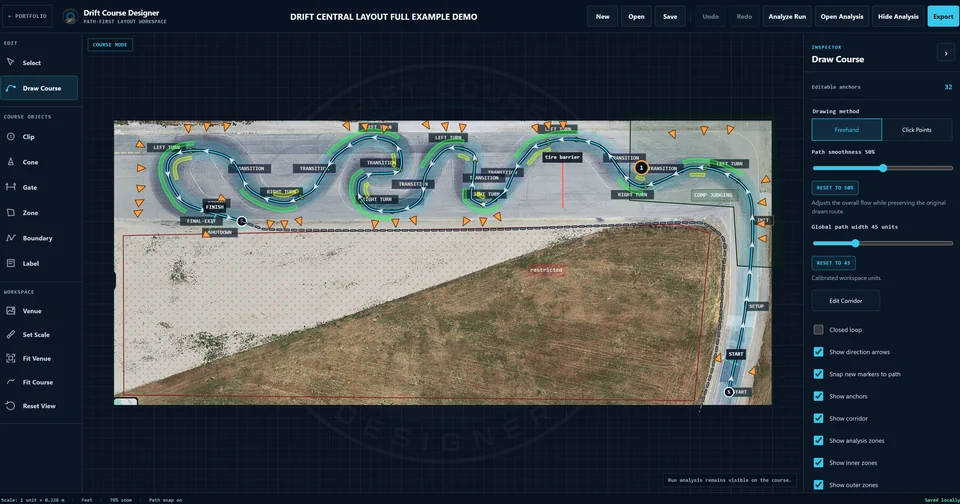 Drift Course Designer analysis view showing directional sections, transitions, and inner and outer course zones