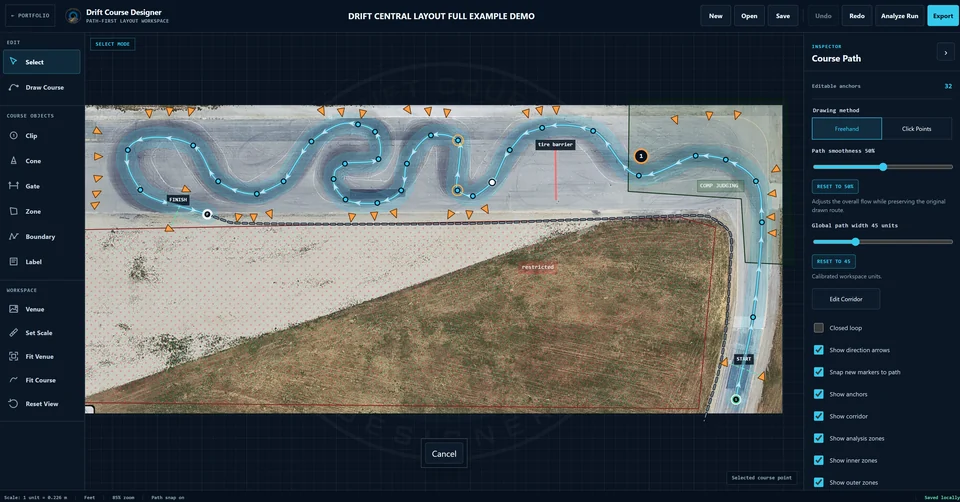 Drift Course Designer editing view showing route anchors, smoothing controls, and adjustable course width