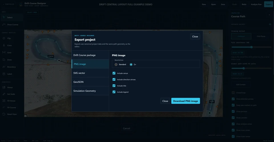 Drift Course Designer export dialog showing image, project, mapping, and simulation geometry output options